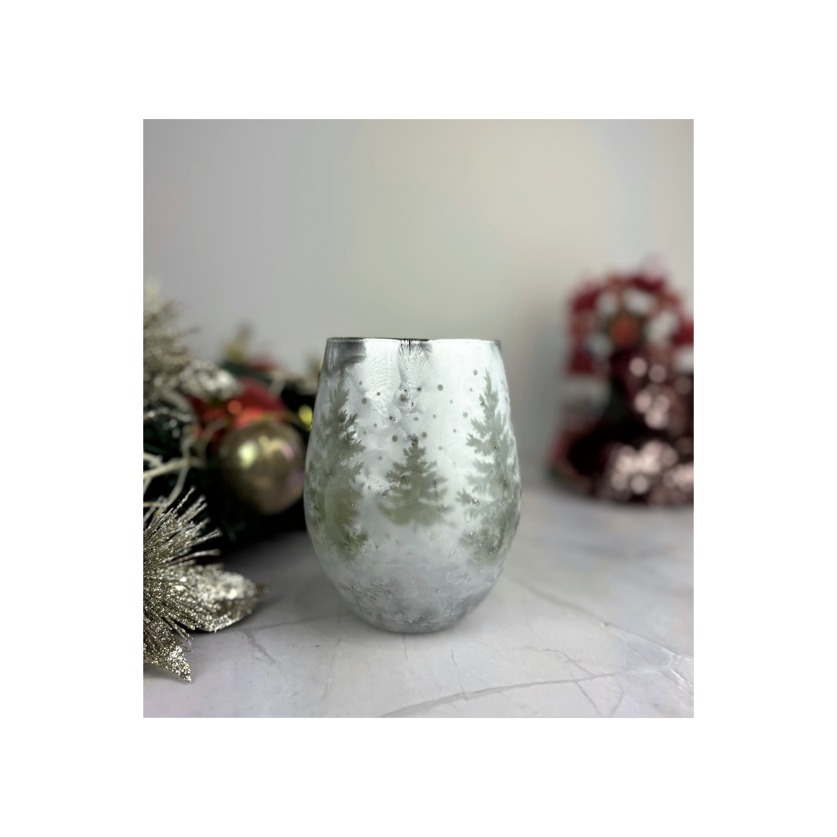 Glass Christmas Candle Frosted Silver with Green Inner
