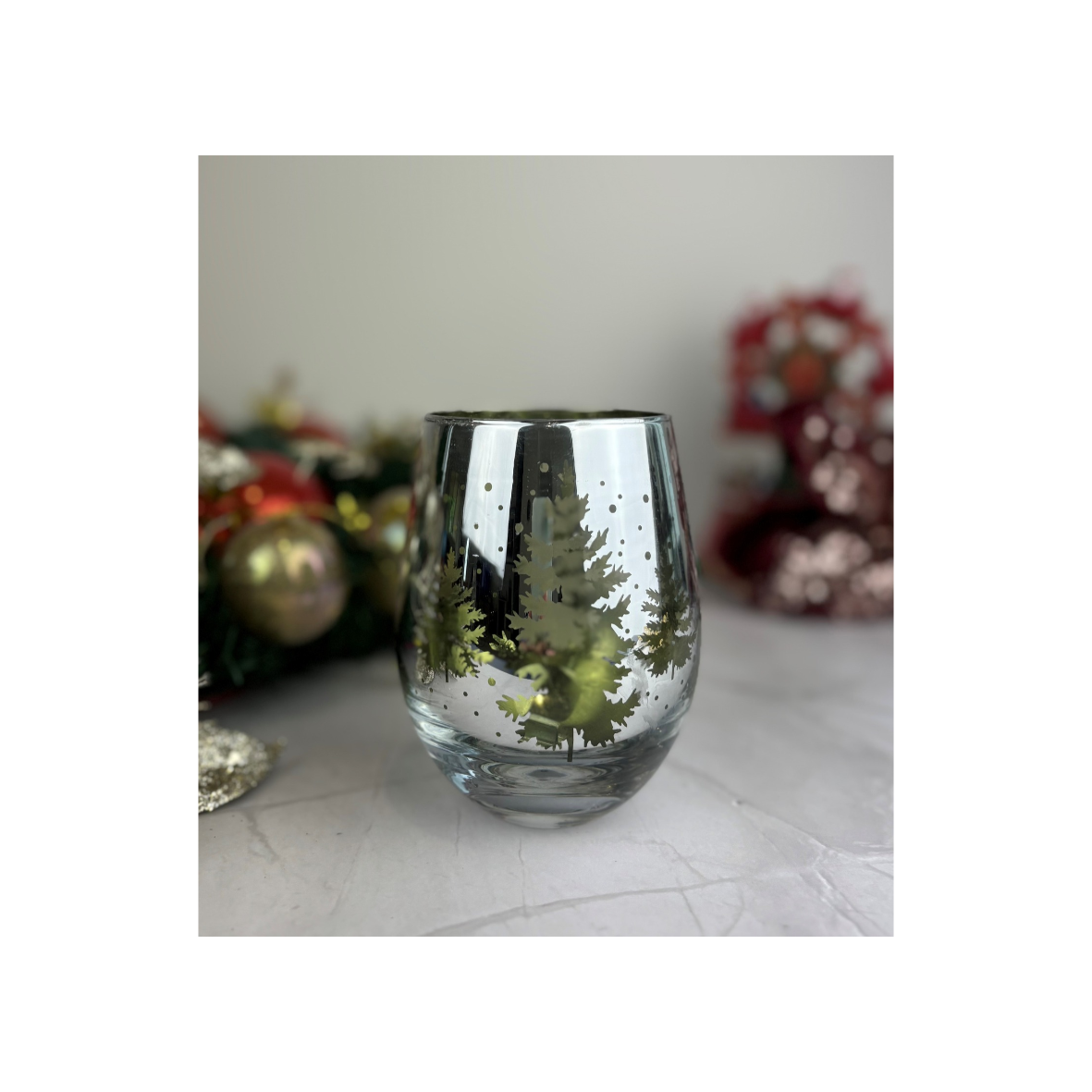 Glass Christmas Candle Gloss Silver with Green Inner